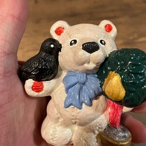 Charming White Bear Figurine with Black Bird